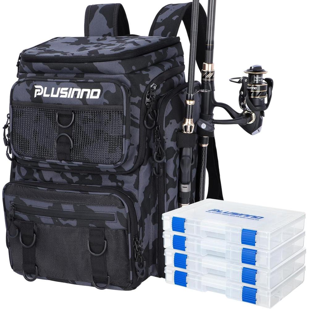 image:imagePLUSINNO Fishing Backpack with Rod Holders Tackle Box 42L Large Waterresistant Fishing Tackle Bag Store Fishing GearBlack Camo4 Tackle Boxes Included