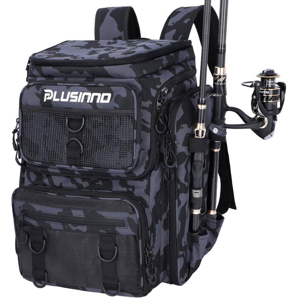 image:imagePLUSINNO Fishing Backpack with Rod Holders Tackle Box 42L Large Waterresistant Fishing Tackle Bag Store Fishing GearBlack Camouflage