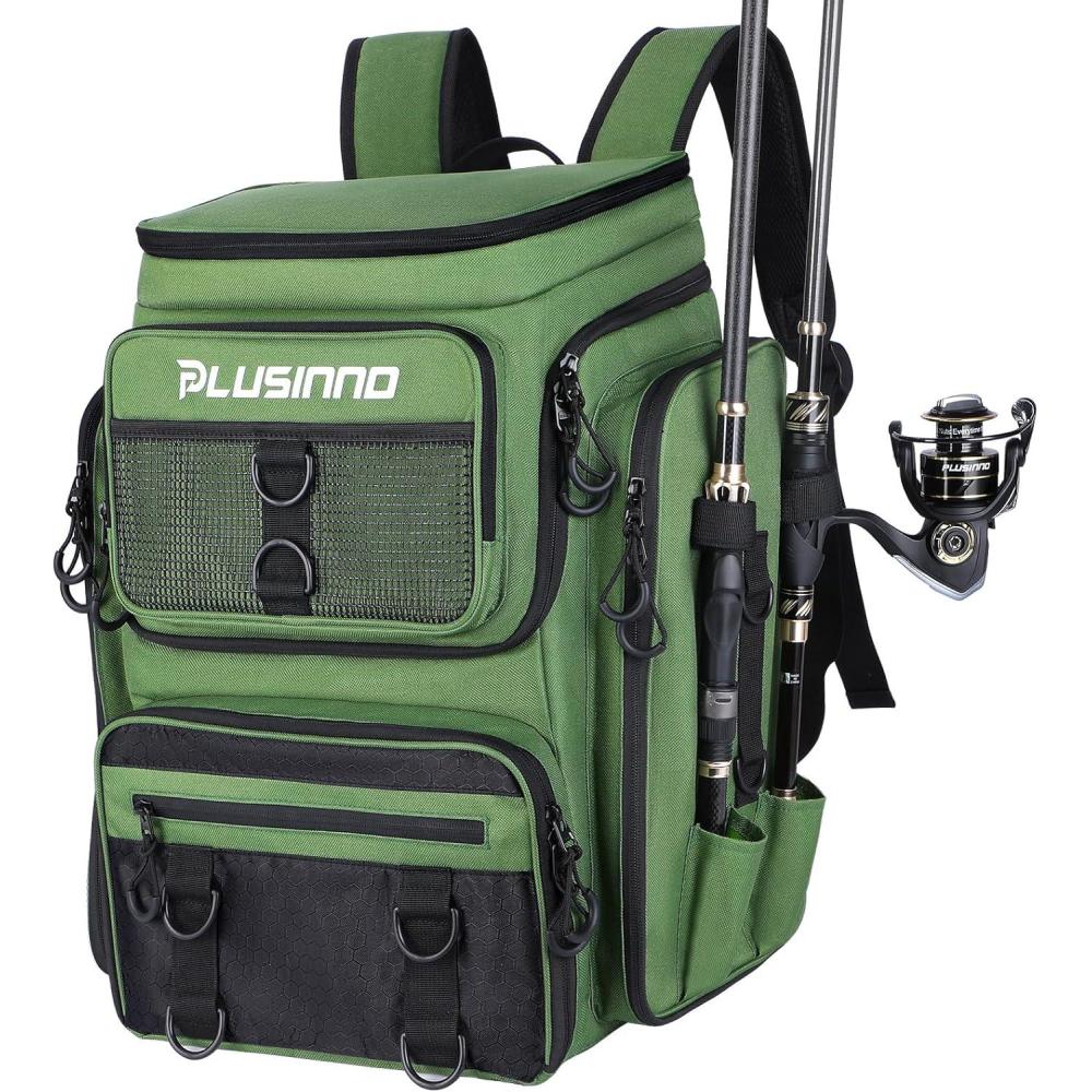 image:imagePLUSINNO Fishing Backpack with Rod Holders Tackle Box 42L Large Waterresistant Fishing Tackle Bag Store Fishing GearGreen