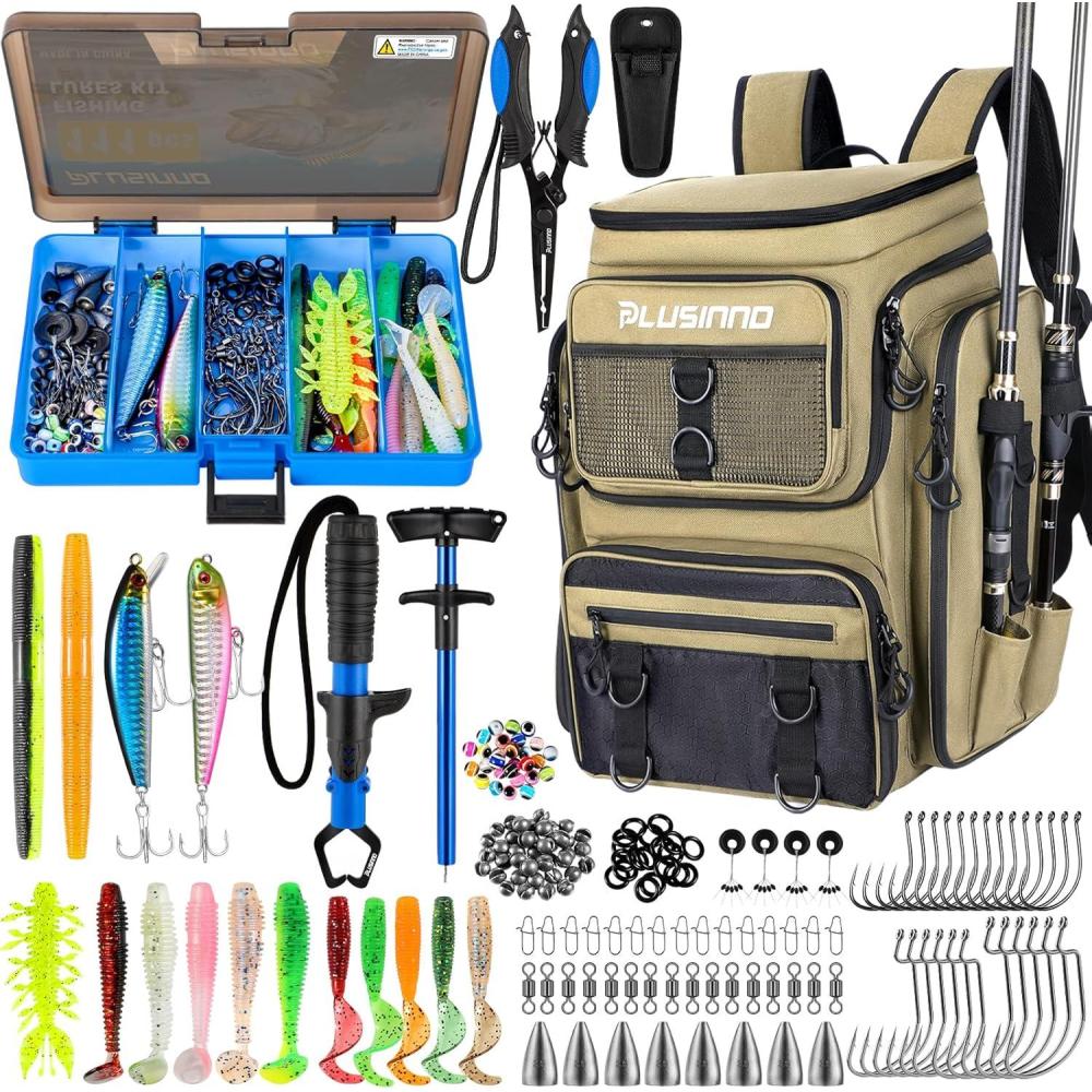 image:imagePLUSINNO Fishing Backpack with Rod Holders Tackle Box 42L Large Waterresistant Fishing Tackle Bag Store Fishing GearKahki Backpack With Fishing Gear