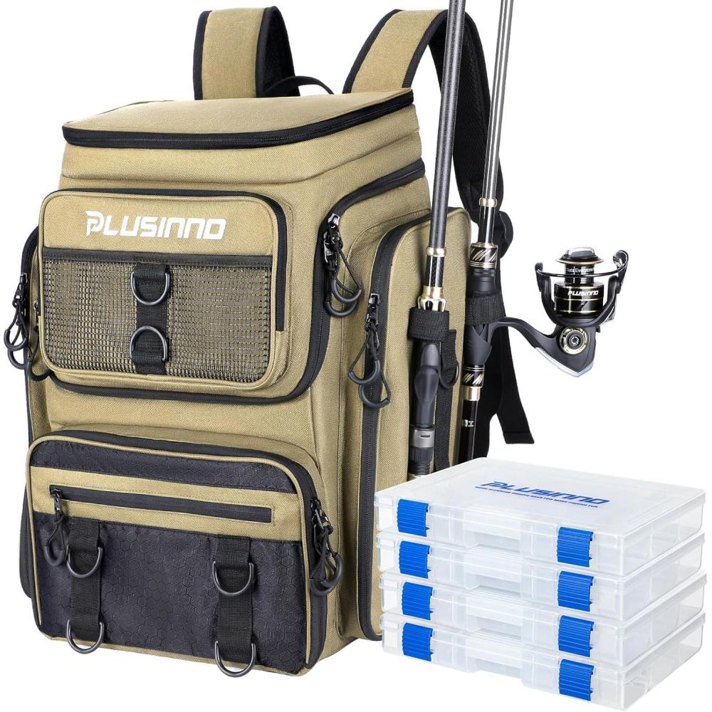 image:imagePLUSINNO Fishing Backpack with Rod Holders Tackle Box 42L Large Waterresistant Fishing Tackle Bag Store Fishing GearKhaki 4 Tackle Boxes Included