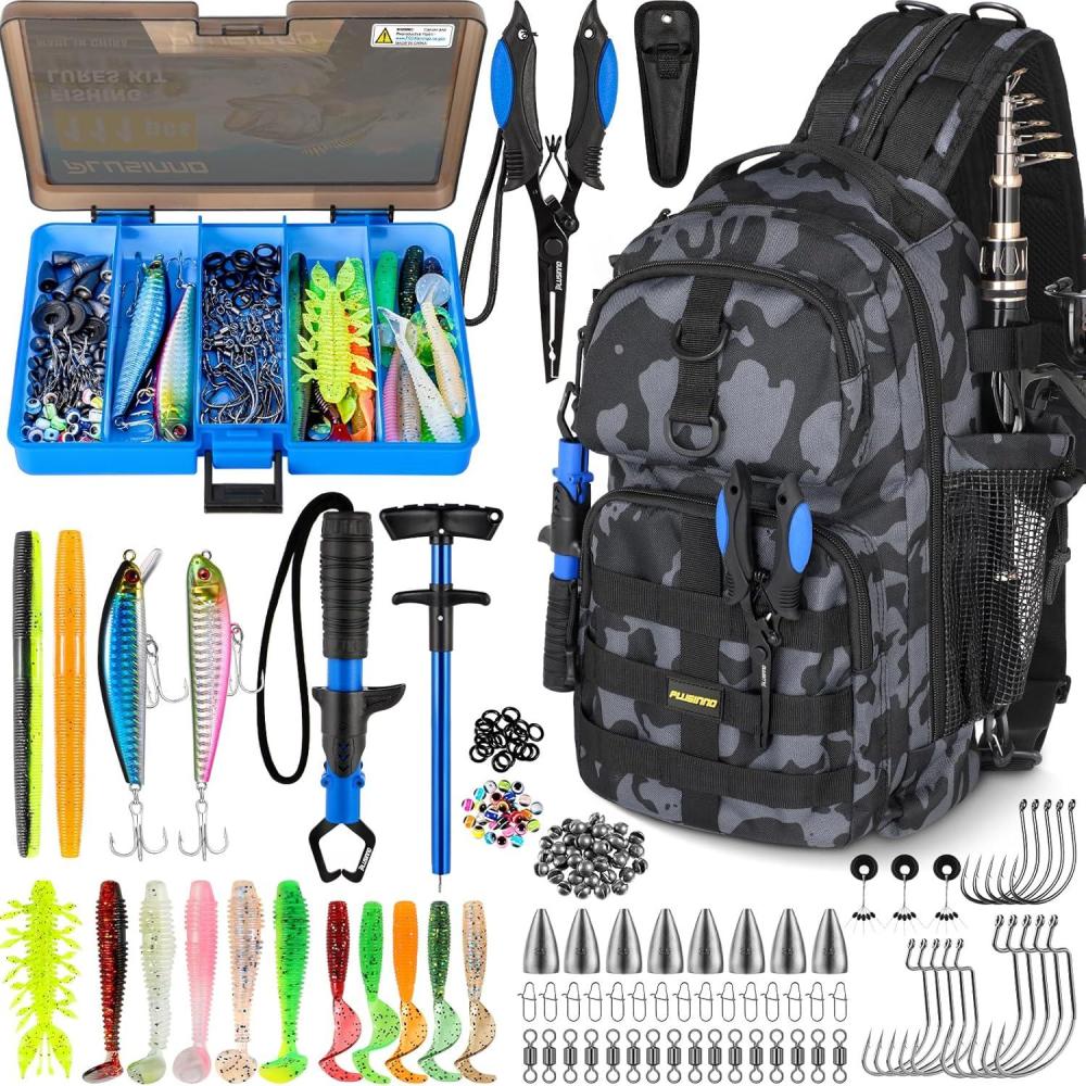 image:imagePLUSINNO Fishing Backpack with Tackle Boxes Waterproof Fishing Sling Tackle Bag For Fishing Gear With Rod Holder Fishing Gifts for Men With Fishing lures Fishing pliers Fish Lip GripperBlack Camo Fishing Backpack With Tackle Box