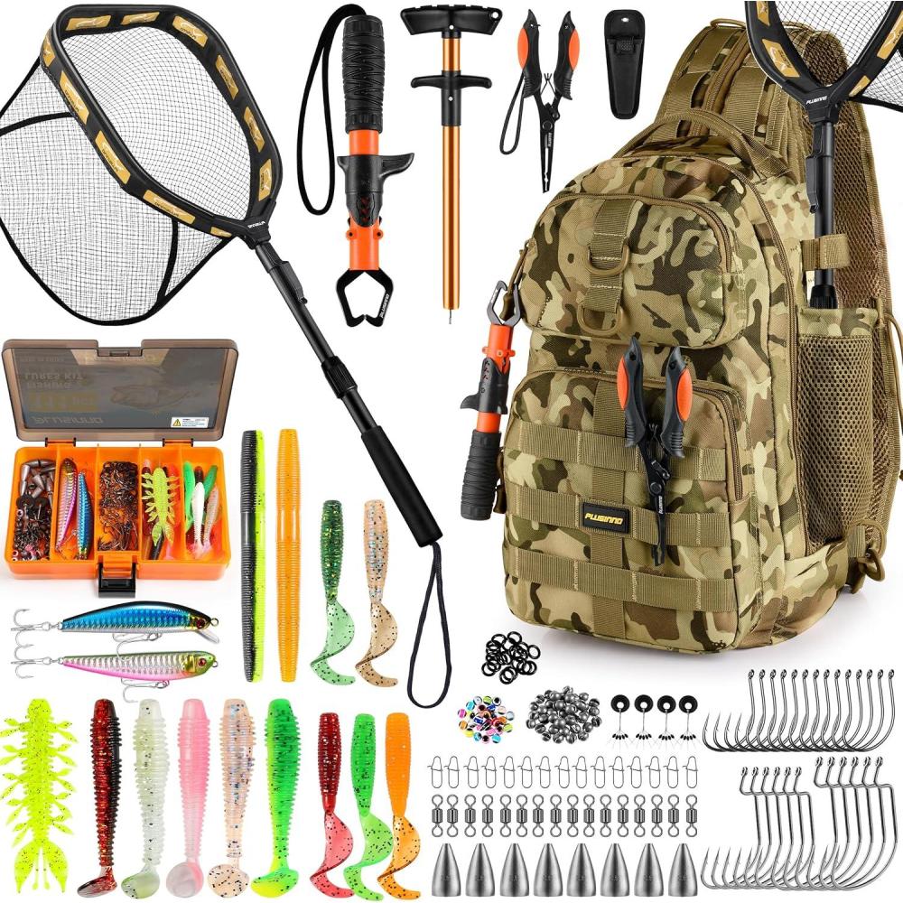 image:imagePLUSINNO Fishing Backpack with Tackle Boxes Waterproof Fishing Sling Tackle Bag For Fishing Gear With Rod Holder Fishing Gifts for Men With Fishing lures Fishing pliers Fish Lip GripperFishing Backpack with fishing net orange