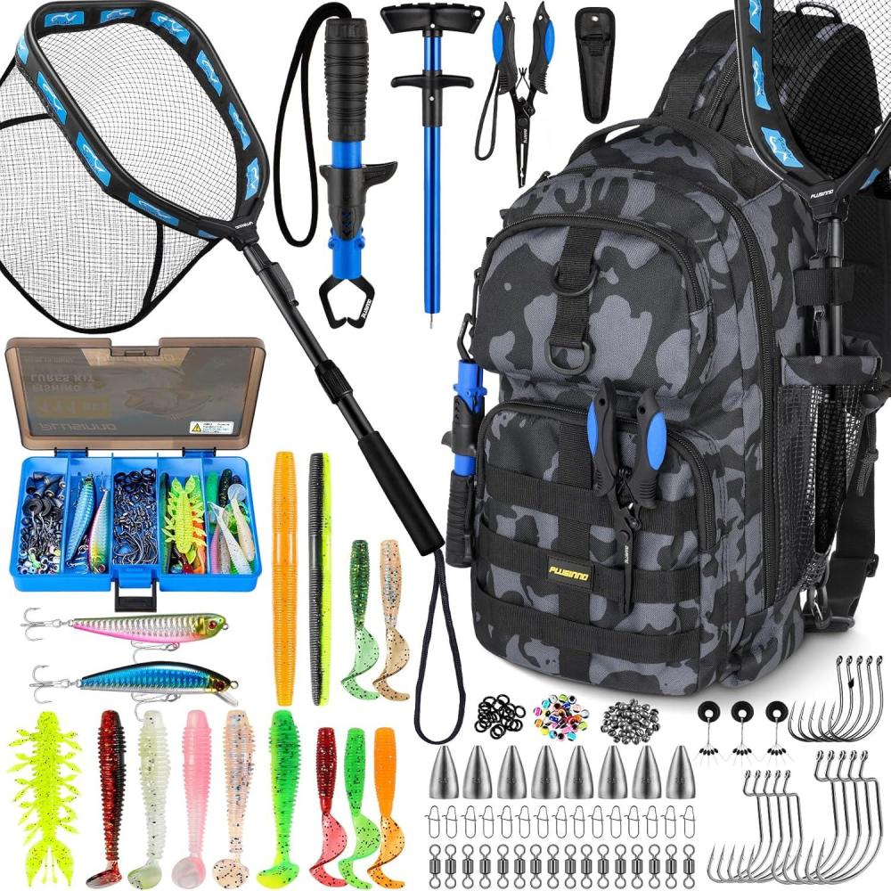 image:imagePLUSINNO Fishing Backpack with Tackle Boxes Waterproof Fishing Sling Tackle Bag For Fishing Gear With Rod Holder Fishing Gifts for Men With Fishing lures Fishing pliers Fish Lip GripperFishing Backpack with fishing net Blue