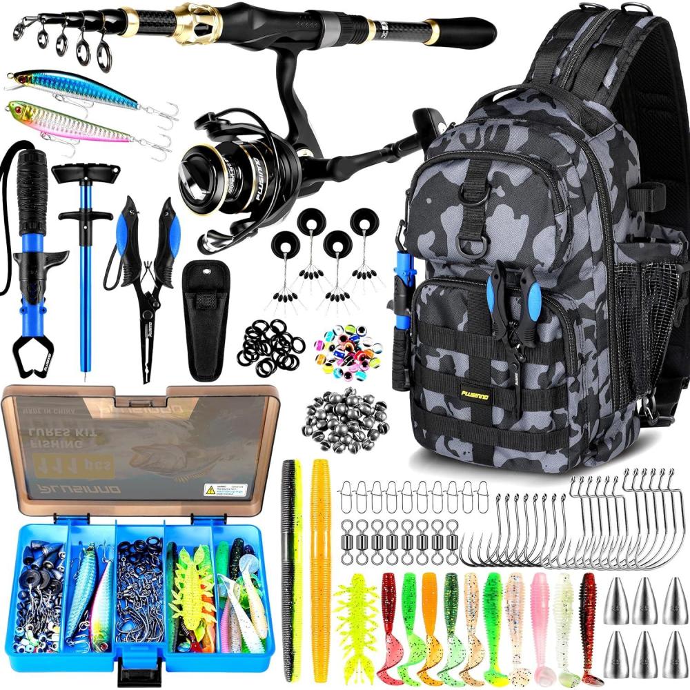 image:imagePLUSINNO Fishing Backpack with Tackle Boxes Waterproof Fishing Sling Tackle Bag For Fishing Gear With Rod Holder Fishing Gifts for Men With Fishing lures Fishing pliers Fish Lip GripperFishing Backpack with fishing rod