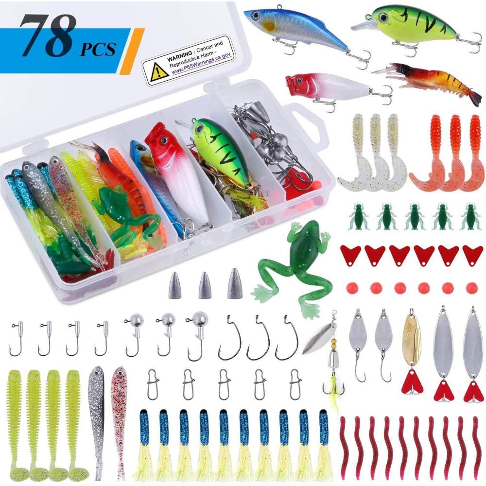 image:imagePLUSINNO Fishing Lures 292210Pcs Tackle Box with Tackle Included Crankbaits Hooks Weights Fishing Accessories kit Fishing Bait Lure Gear Kit Gift for Men BassTrout78PCS Fishing Lures