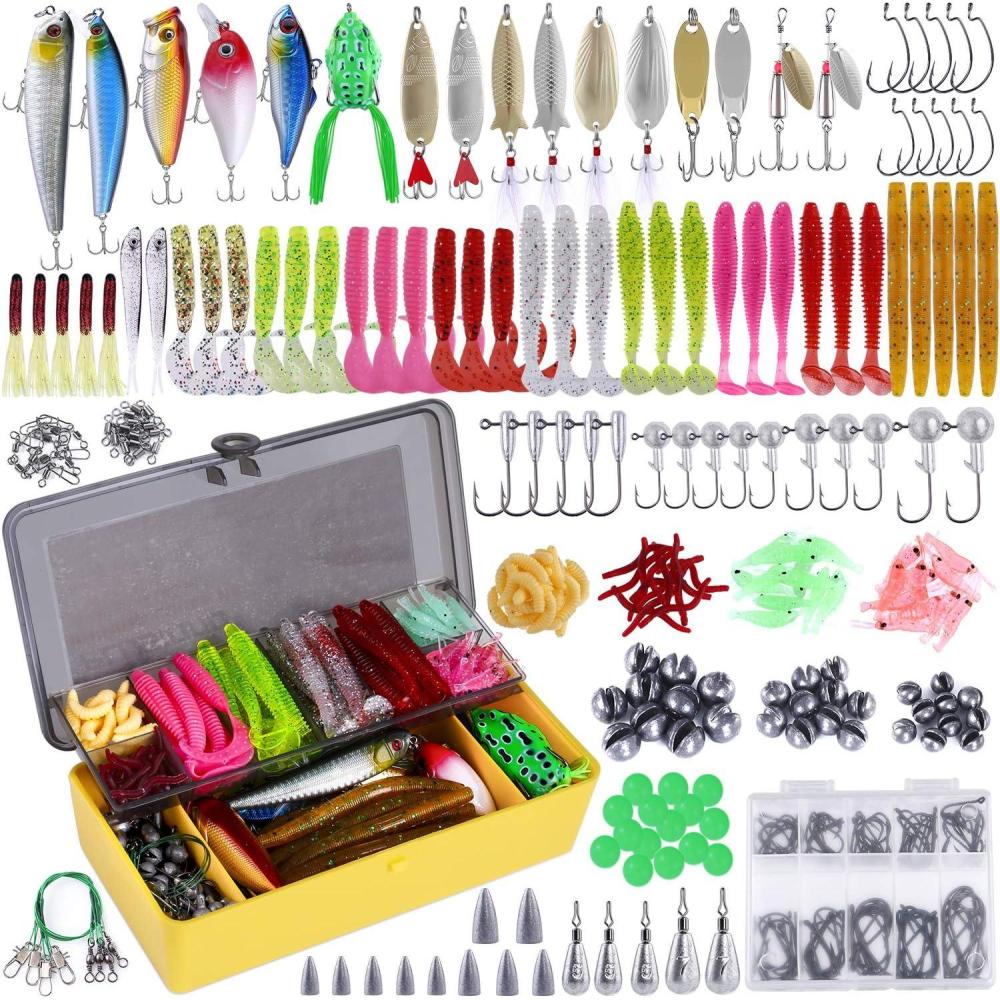 image:imagePLUSINNO Fishing Lures Baits Tackle Including Crankbaits Spinnerbaits Plastic Worms Jigs Topwater Lures Tackle Box and More Fishing Gear Lures Kit Set 102302Pcs Fishing Lure Tackle302Pcs Fishing Lures Kit