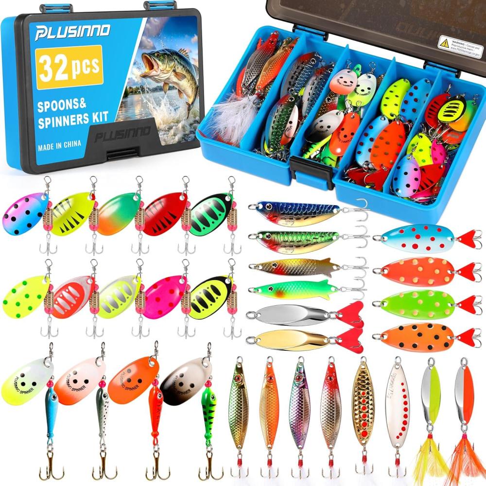 image:imagePLUSINNO Fishing Lures Spinner baits for Bass 1632 pcs Spinner Lures Kit with Portable Carry Bag Hard Metal Spinner Baits for Trout32pcs spinner set with box