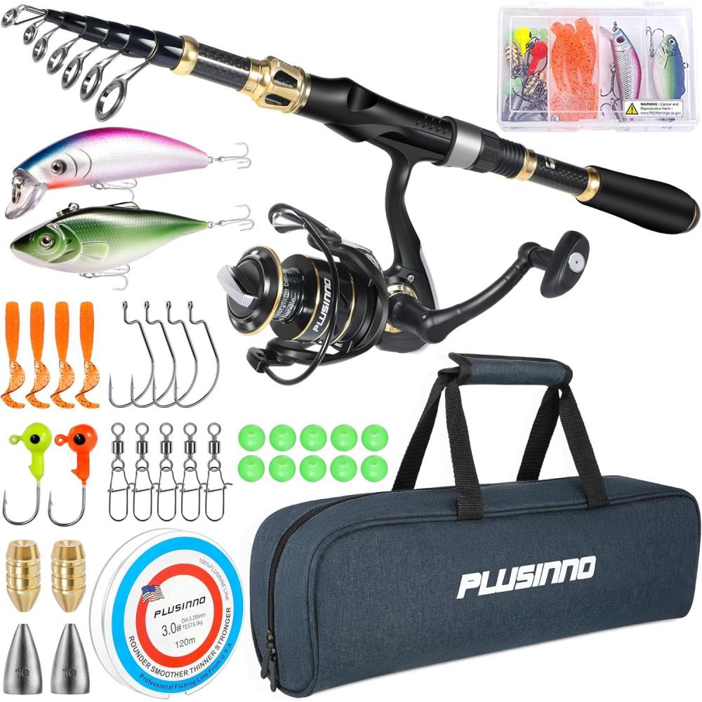 image:imagePLUSINNO Fishing Rod and Reel ComboFishing PoleTelescopic Fishing Rod Kit with Spinning Reel Telescopic Fishing Pole with Carrier Bag for Freshwater Saltwater for Men WomenFull Kit with Carrier Case