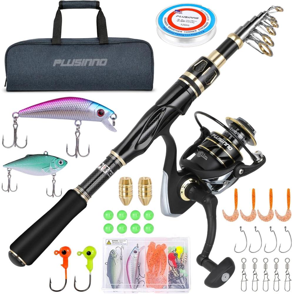 image:imagePLUSINNO Fishing Rod and Reel Combos SetTelescopic Fishing Pole with Spinning Reels Carbon Fiber Fishing Rod for Travel Saltwater Freshwater Fishing