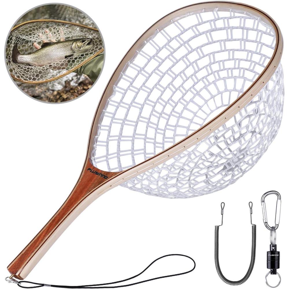 image:imagePLUSINNO Fly Fishing Net Wooden Frame Fishing Landing Net with Magnetic Release Soft Rubber Mesh Net for Trout Bass Catch and Release Magnetic Fly Fishing GearStraight Handle