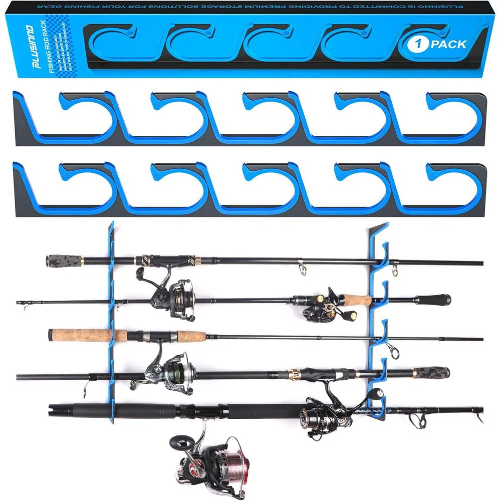 image:imagePLUSINNO H5 Horizontal Fishing RodPole Holders for Garage Wall or Ceiling Mounted Fishing Rod Rack Aviation Aluminum Fishing Holder Holds up to 51020 Rod or Combos Fishing Gear and Gifts for MenBlue 1packstore 5 fishing rods or combos