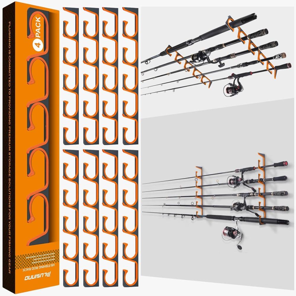 image:imagePLUSINNO H5 Horizontal Fishing RodPole Holders for Garage Wall or Ceiling Mounted Fishing Rod Rack Aviation Aluminum Fishing Holder Holds up to 51020 Rod or Combos Fishing Gear and Gifts for MenOrange Aluminumh5 4pack Newstore 20 Fishing Rods