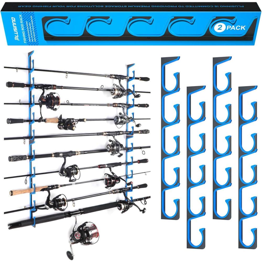 image:imagePLUSINNO H5 Horizontal Fishing RodPole Holders for Garage Wall or Ceiling Mounted Fishing Rod Rack Aviation Aluminum Fishing Holder Holds up to 51020 Rod or Combos Fishing Gear and Gifts for MenBlue 2packstore 10 fishing rods or combos