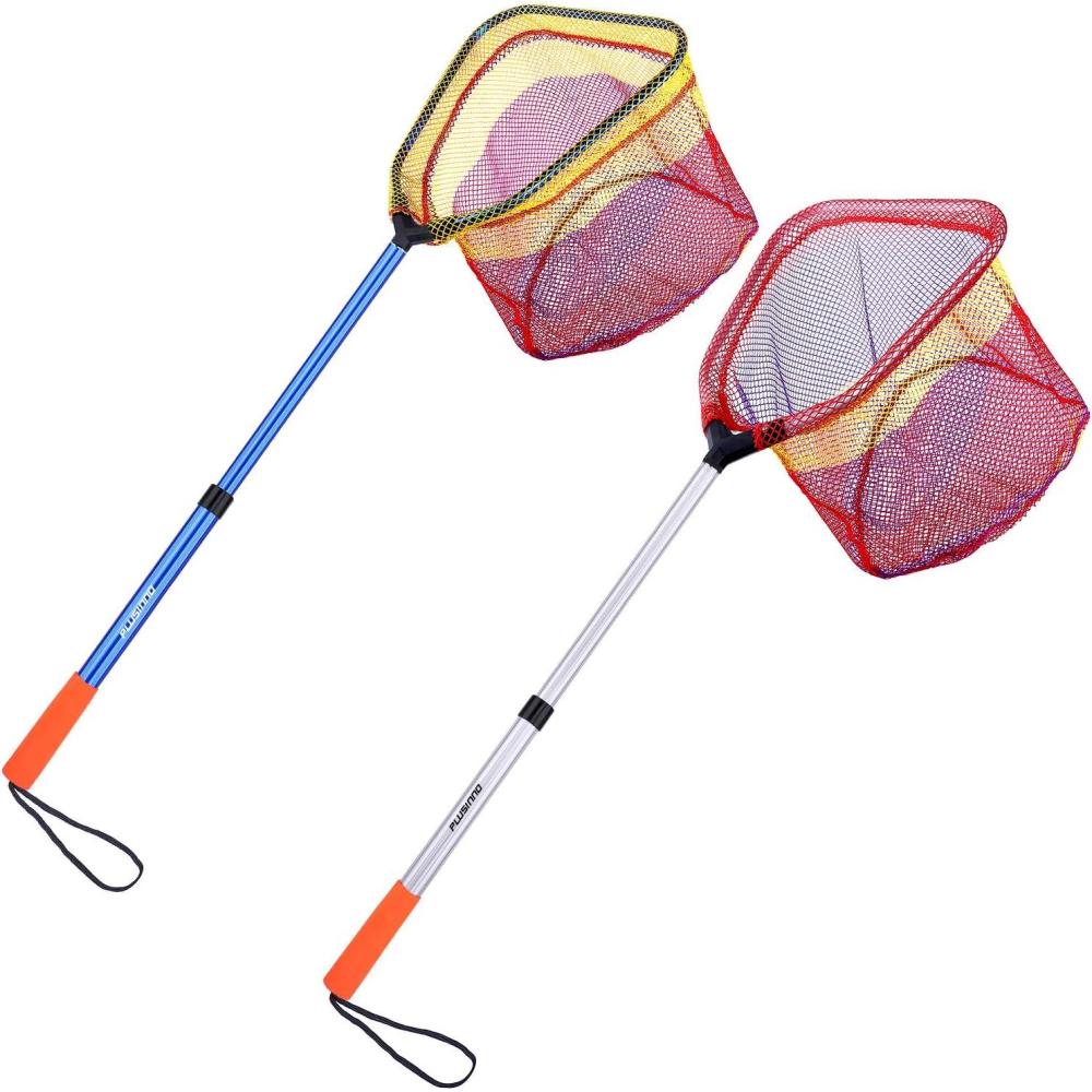 image:imagePLUSINNO Kids Fishing Net Telescopic Lightweight Landing Net with Aluminum Pole Handle and Nylon Mesh Catch and Release Butterfly Net for Kids Youth Outdoor2 Pack1 Blue1 Silver