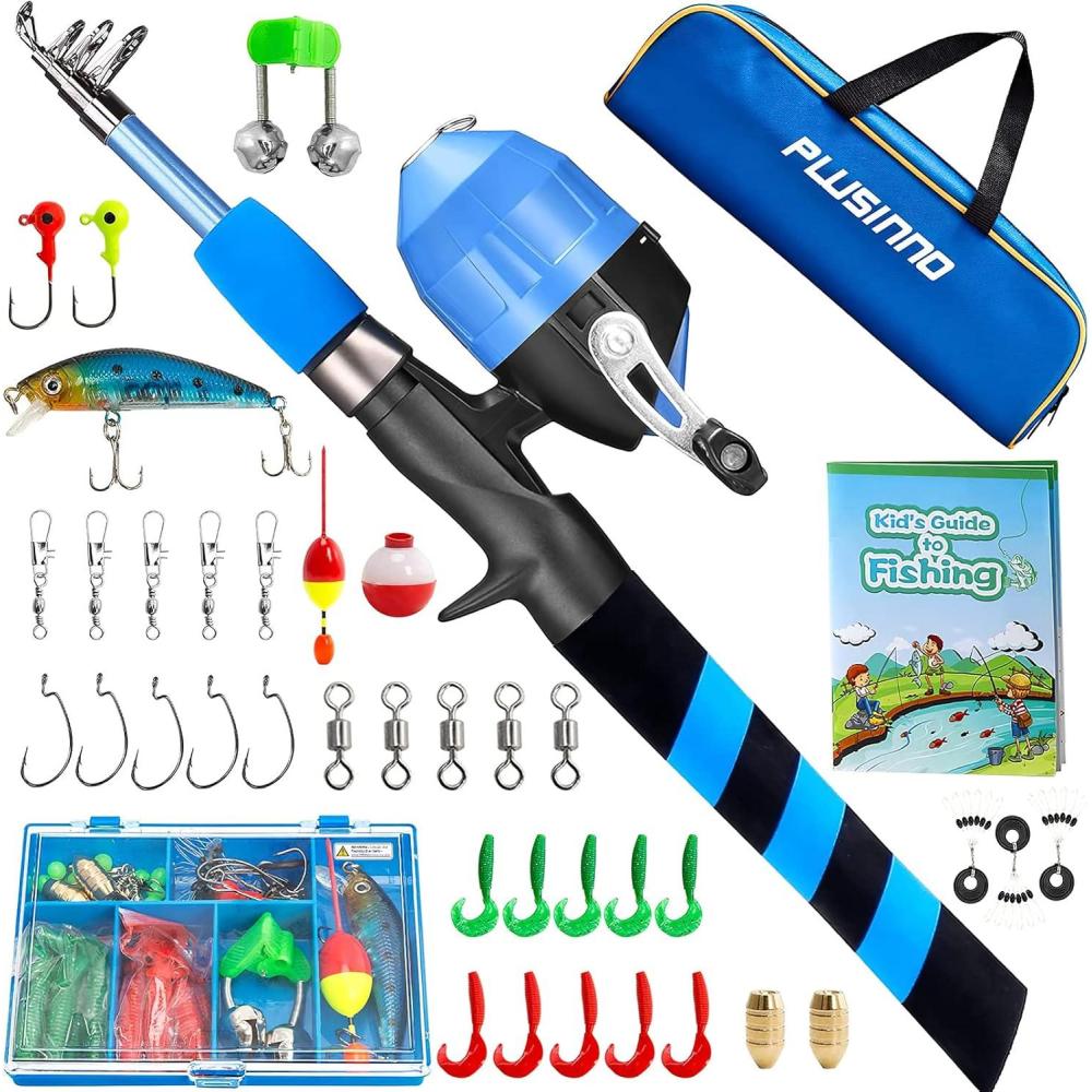 image:imagePLUSINNO Kids Fishing Pole Portable Telescopic Fishing Rod and Reel Combo Kit with Spincast Fishing Reel Tackle Box for Boys Girls YouthBLUE