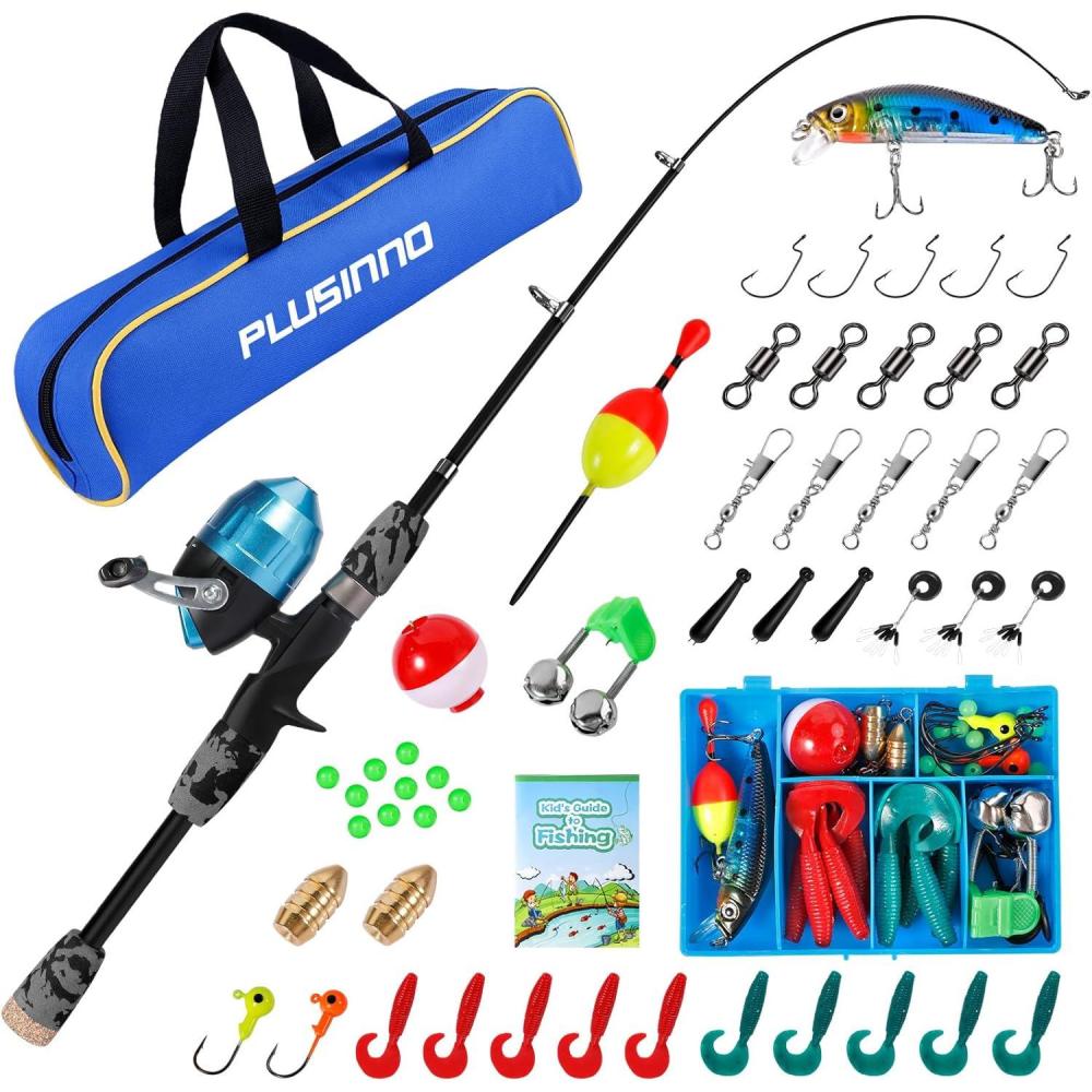 image:imagePLUSINNO Kids Fishing Pole with Spincast Reel Telescopic Fishing Rod Combo Full Kits for Boys Girls and AdultsBlack
