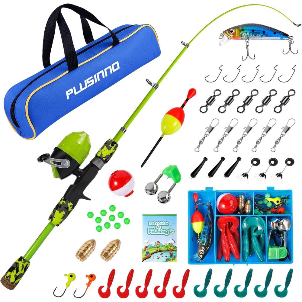 image:imagePLUSINNO Kids Fishing Pole with Spincast Reel Telescopic Fishing Rod Combo Full Kits for Boys Girls and AdultsGreen