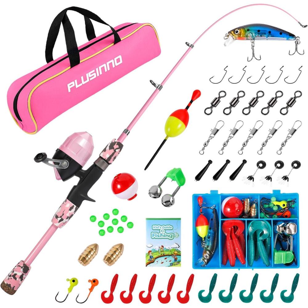 image:imagePLUSINNO Kids Fishing Pole with Spincast Reel Telescopic Fishing Rod Combo Full Kits for Boys Girls and AdultsPink