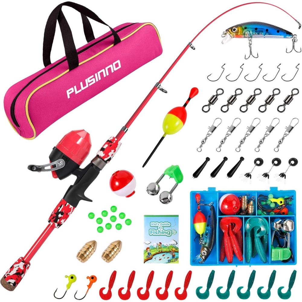 image:imagePLUSINNO Kids Fishing Pole with Spincast Reel Telescopic Fishing Rod Combo Full Kits for Boys Girls and AdultsRed