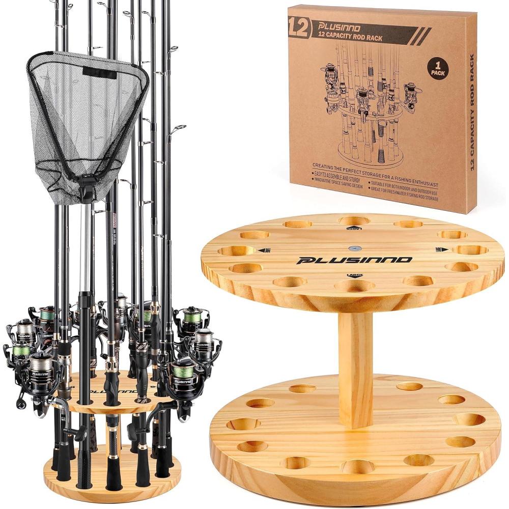 image:imagePLUSINNO V12 Fishing Rod Holders for Garage Vertical Fishing Pole Holders Wooden Round Storage Floor Stand Fishing RodPole Rack1PACK store 12 rods or combos