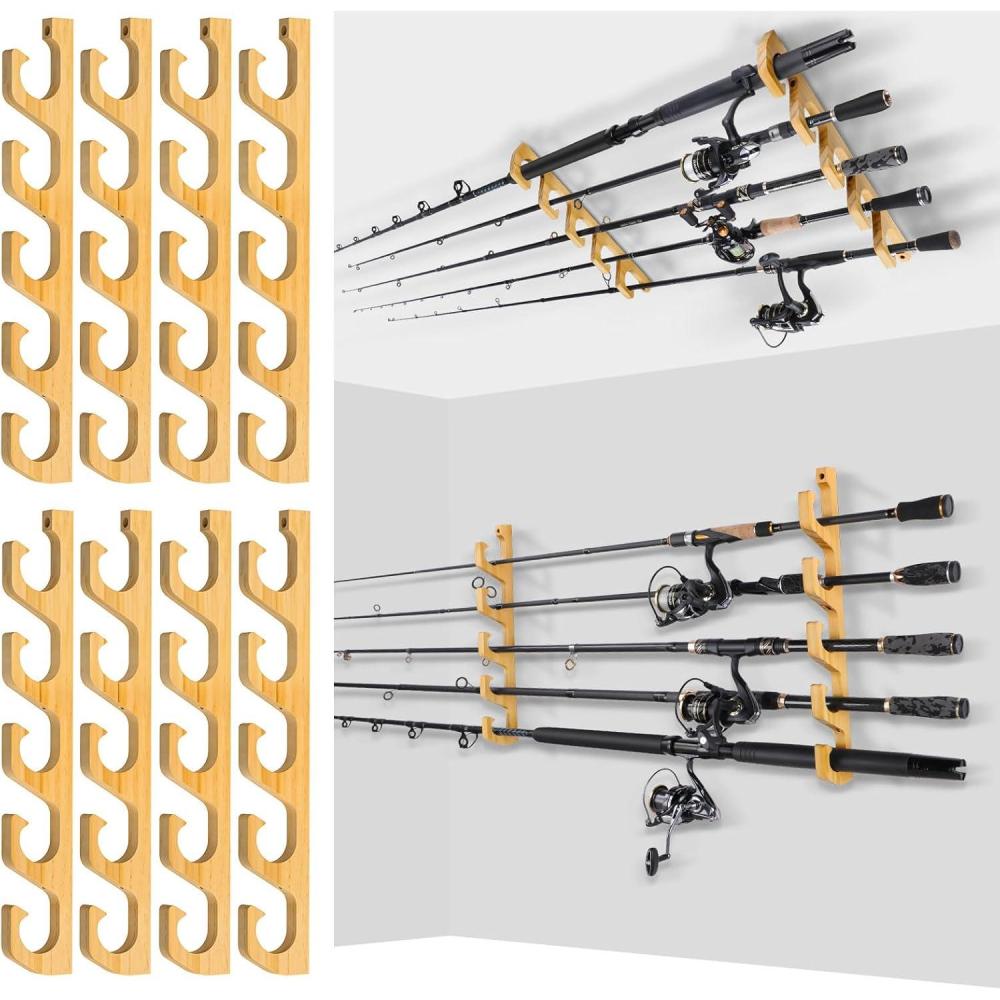 image:imagePLUSINNO WH5 Horizontal Fishing RodPole Holders for Garage Wall or Ceiling Mounted Rack Solid Wood Fishing Rod Holder Holds up to 51020 Rods or Combos Fishing Gear Gifts for Men4packstore 20 fishing rods or combos