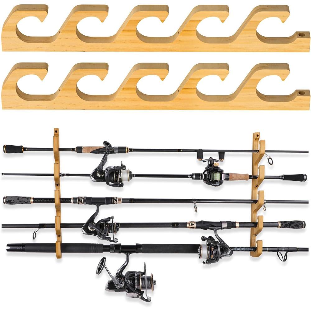 image:imagePLUSINNO WH5 Horizontal Fishing RodPole Holders for Garage Wall or Ceiling Mounted Rack Solid Wood Fishing Rod Holder Holds up to 51020 Rods or Combos Fishing Gear Gifts for Men1packstore 5 fishing rods or combos