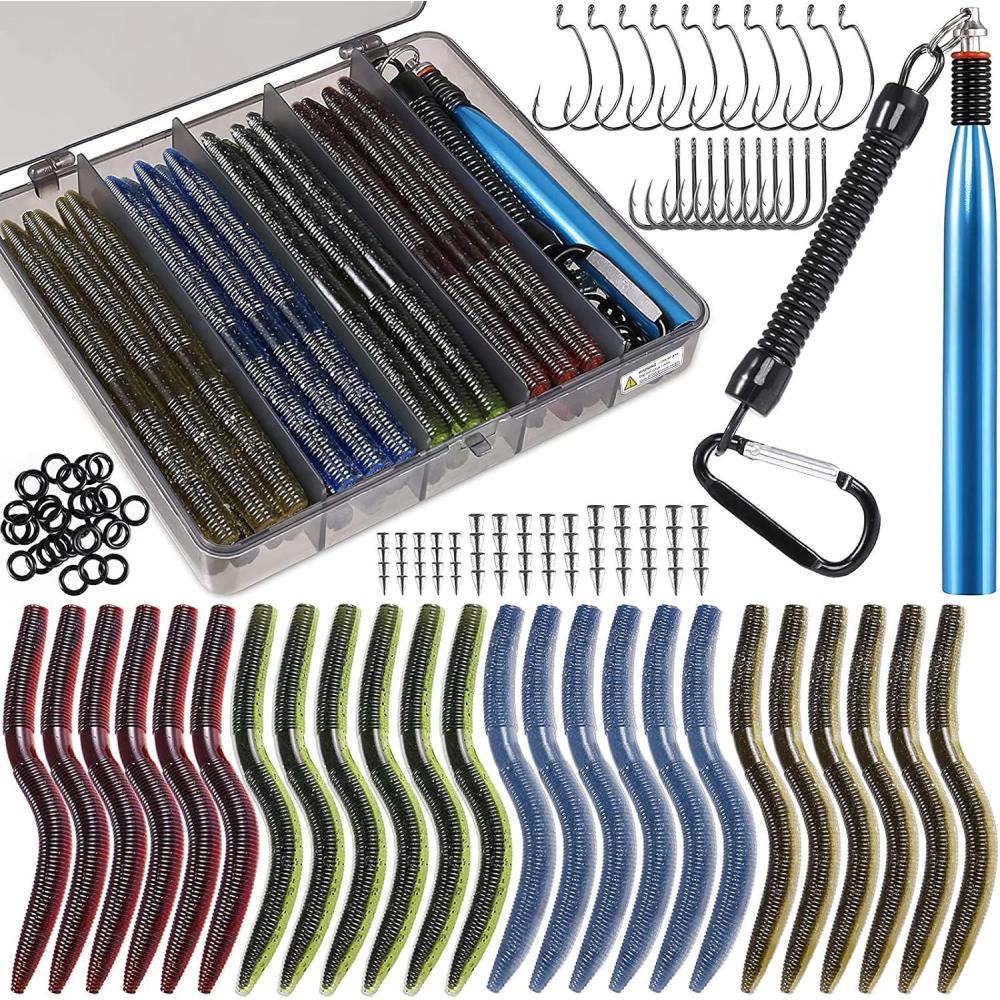 image:imagePLUSINNO Wacky Worm Fishing Lure Kit Soft Plastic Fishing Lures Grub Baits Hook Wacky Rig Bass Trout Fishing Worms Lures wTackle Box133PCS 55 Wacky Worm Fishing Lure Kit