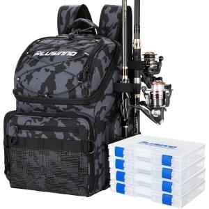 PLUSINNO Cooler Fishing Backpack with Rod Holders 45L Large Water-resistant Fishing Tackle bag Store Fishing Gear Fishing Gifts for Men Father, Sport Bags(Black Camo with box)