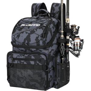 PLUSINNO Cooler Fishing Backpack with Rod Holders 45L Large Water-resistant Fishing Tackle bag Store Fishing Gear Fishing Gifts for Men Father, Sport Bags(Black Camo)