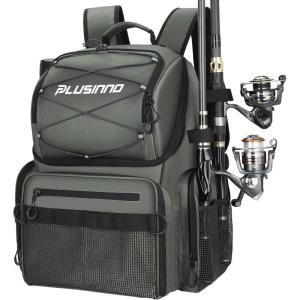 PLUSINNO Cooler Fishing Backpack with Rod Holders 45L Large Water-resistant Fishing Tackle bag Store Fishing Gear Fishing Gifts for Men Father, Sport Bags(Grey jacquard)