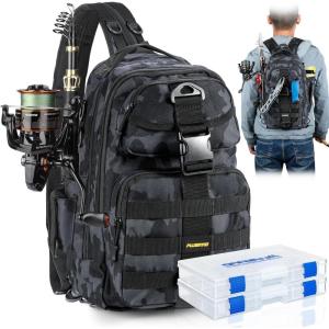 PLUSINNO Fishing Backpack with Fishing Rod and Reel Combos Tackle Boxes, Waterproof Tackle Backpack for Fishing Gear with Rod Holder, Fishing Gifts for Men with Fishing Tool Kit…(Black Bag With 2 Boxes (No Rod))