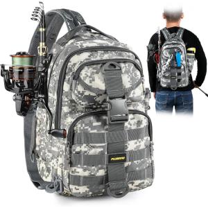 PLUSINNO Fishing Backpack with Fishing Rod and Reel Combos Tackle Boxes, Waterproof Tackle Backpack for Fishing Gear with Rod Holder, Fishing Gifts for Men with Fishing Tool Kit…(Acu Single Backpack)