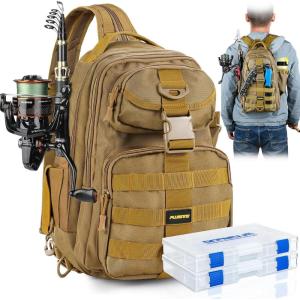 PLUSINNO Fishing Backpack with Fishing Rod and Reel Combos Tackle Boxes, Waterproof Tackle Backpack for Fishing Gear with Rod Holder, Fishing Gifts for Men with Fishing Tool Kit…(Khaki Backpack With 4 Boxes)