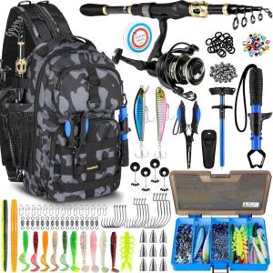 PLUSINNO Fishing Backpack with Fishing Rod and Reel Combos Tackle Boxes, Waterproof Tackle Backpack for Fishing Gear with Rod Holder, Fishing Gifts for Men with Fishing Tool Kit…(Black Camo Backpack With Rod and Reel Combo)