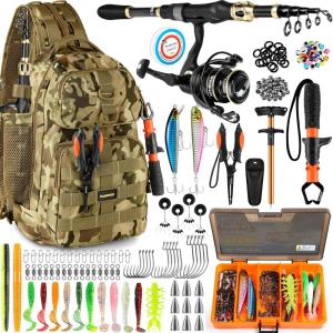 PLUSINNO Fishing Backpack with Fishing Rod and Reel Combos Tackle Boxes, Waterproof Tackle Backpack for Fishing Gear with Rod Holder, Fishing Gifts for Men with Fishing Tool Kit…(Khaki Camo Backpack With Rod and Reel Combo)