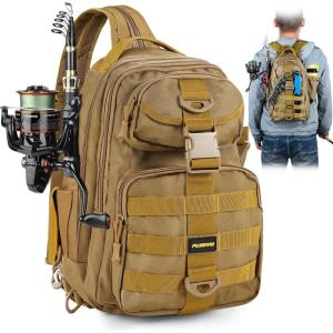 PLUSINNO Fishing Backpack with Fishing Rod and Reel Combos Tackle Boxes, Waterproof Tackle Backpack for Fishing Gear with Rod Holder, Fishing Gifts for Men with Fishing Tool Kit…(Khaki Single Backpack)