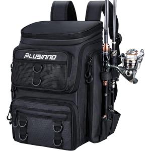 PLUSINNO Fishing Backpack with Rod Holders Tackle Box, 42L Large Water-resistant Fishing Tackle Bag Store Fishing Gear(Black Backpack)