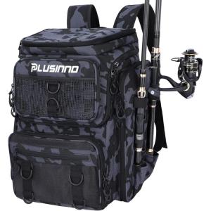 PLUSINNO Fishing Backpack with Rod Holders Tackle Box, 42L Large Water-resistant Fishing Tackle Bag Store Fishing Gear(Black Camouflage.)