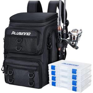 PLUSINNO Fishing Backpack with Rod Holders Tackle Box, 42L Large Water-resistant Fishing Tackle Bag Store Fishing Gear(Black With Tackle Boxes)