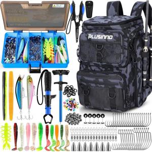 PLUSINNO Fishing Backpack with Rod Holders Tackle Box, 42L Large Water-resistant Fishing Tackle Bag Store Fishing Gear(Fishing Backpack With Fishing Gear)