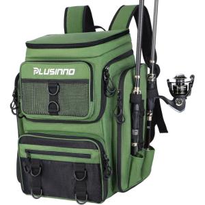 PLUSINNO Fishing Backpack with Rod Holders Tackle Box, 42L Large Water-resistant Fishing Tackle Bag Store Fishing Gear(Green)