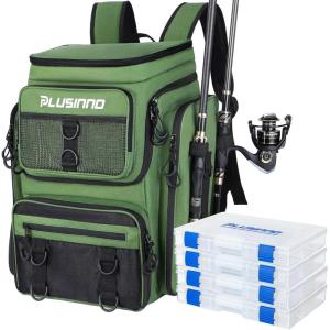 PLUSINNO Fishing Backpack with Rod Holders Tackle Box, 42L Large Water-resistant Fishing Tackle Bag Store Fishing Gear(Green With 4 Tackle Boxes)