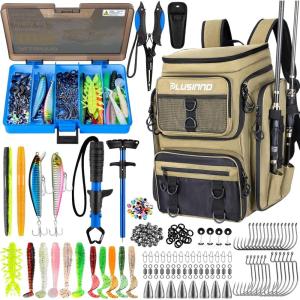 PLUSINNO Fishing Backpack with Rod Holders Tackle Box, 42L Large Water-resistant Fishing Tackle Bag Store Fishing Gear(Kahki Backpack With Fishing Gear)