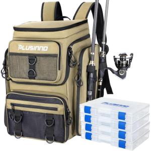 PLUSINNO Fishing Backpack with Rod Holders Tackle Box, 42L Large Water-resistant Fishing Tackle Bag Store Fishing Gear(Khaki (4 Tackle Boxes Included))