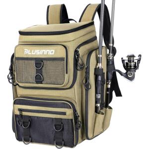 PLUSINNO Fishing Backpack with Rod Holders Tackle Box, 42L Large Water-resistant Fishing Tackle Bag Store Fishing Gear(Khaki)