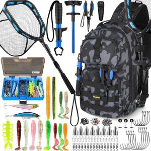 PLUSINNO Fishing Backpack with Tackle Boxes, Waterproof Fishing Sling Tackle Bag For Fishing Gear With Rod Holder, Fishing Gifts for Men With Fishing lures, Fishing pliers, Fish Lip Gripper.(Fishing Backpack with fishing net （Blue）)