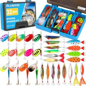 PLUSINNO Fishing Lures Spinner baits for Bass – 16/32 pcs Spinner Lures Kit with Portable Carry Bag, Hard Metal Spinner Baits for Trout(32pcs spinner set with box)