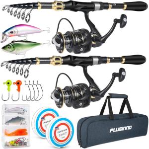 PLUSINNO Fishing Rod and Reel Combo,Fishing Pole,Telescopic Fishing Rod Kit with Spinning Reel, Telescopic Fishing Pole with Carrier Bag for Freshwater Saltwater for Men Women(2pack Full Kit with Carrier Case)