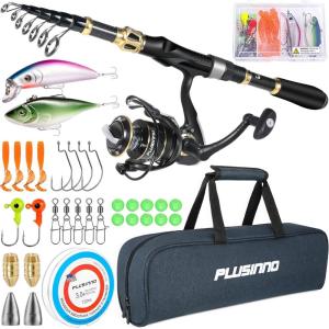 PLUSINNO Fishing Rod and Reel Combo,Fishing Pole,Telescopic Fishing Rod Kit with Spinning Reel, Telescopic Fishing Pole with Carrier Bag for Freshwater Saltwater for Men Women(Full Kit with Carrier Case)